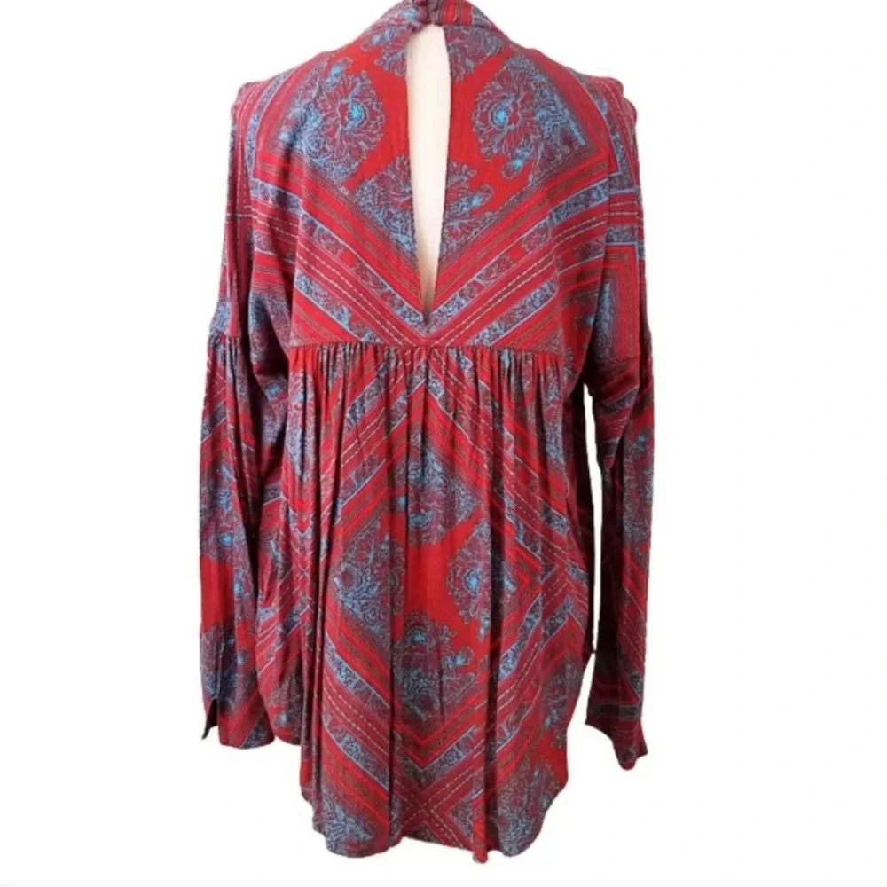 FREE PEOPLE Red & Blue Women's Walking On A Dream Floral Tunic Blouse Women's XS